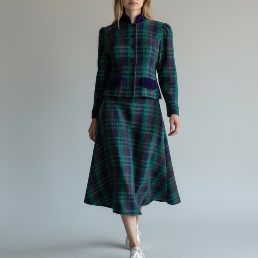 Vintage 80’s Handmade Plaid Tailored Cropped Jacket & A-Line Midi Skirt Set - Picture 2 of 16
